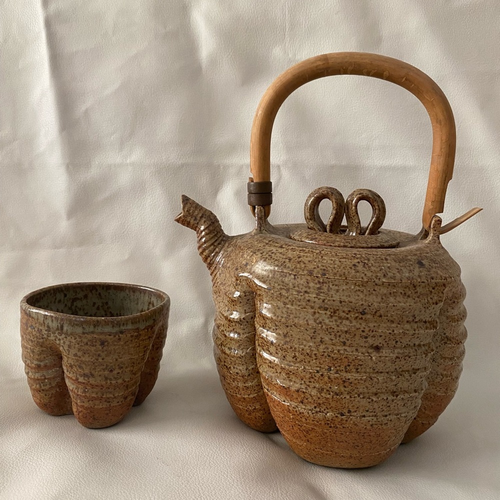 Mid Century 1970’s handmade stonewear Rustic Ceramic Teapot and Cup Set